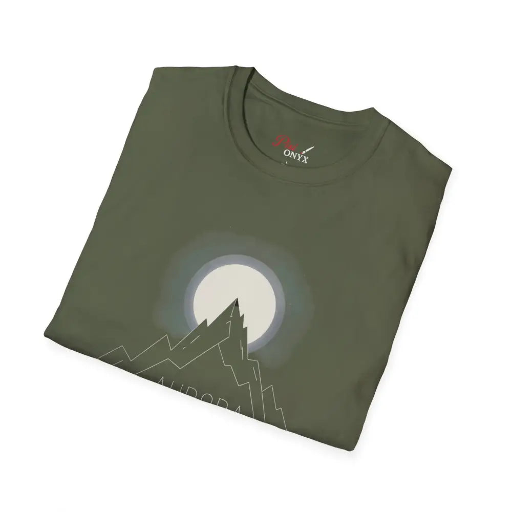 Olive green Aurora Mountain unisex T-shirt with white mountain design, ribbed collar, shoulder tape