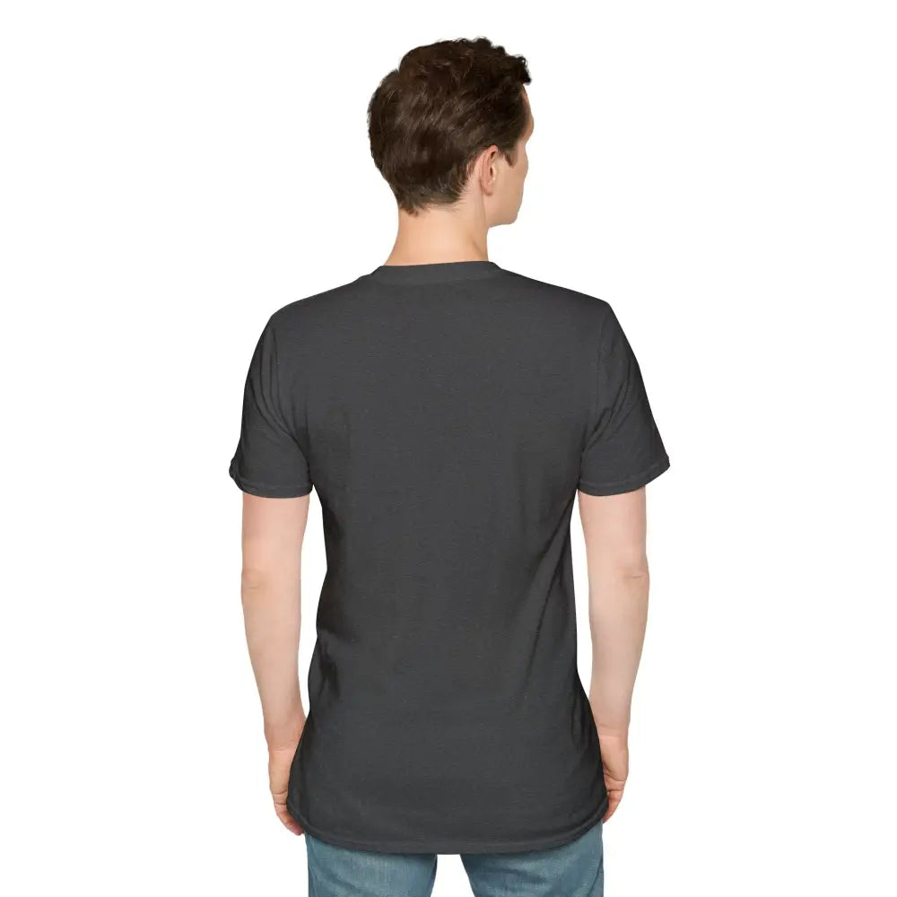 Men’s dark gray short-sleeve T-shirt with ribbed knit collar and shoulder tape stabilizes
