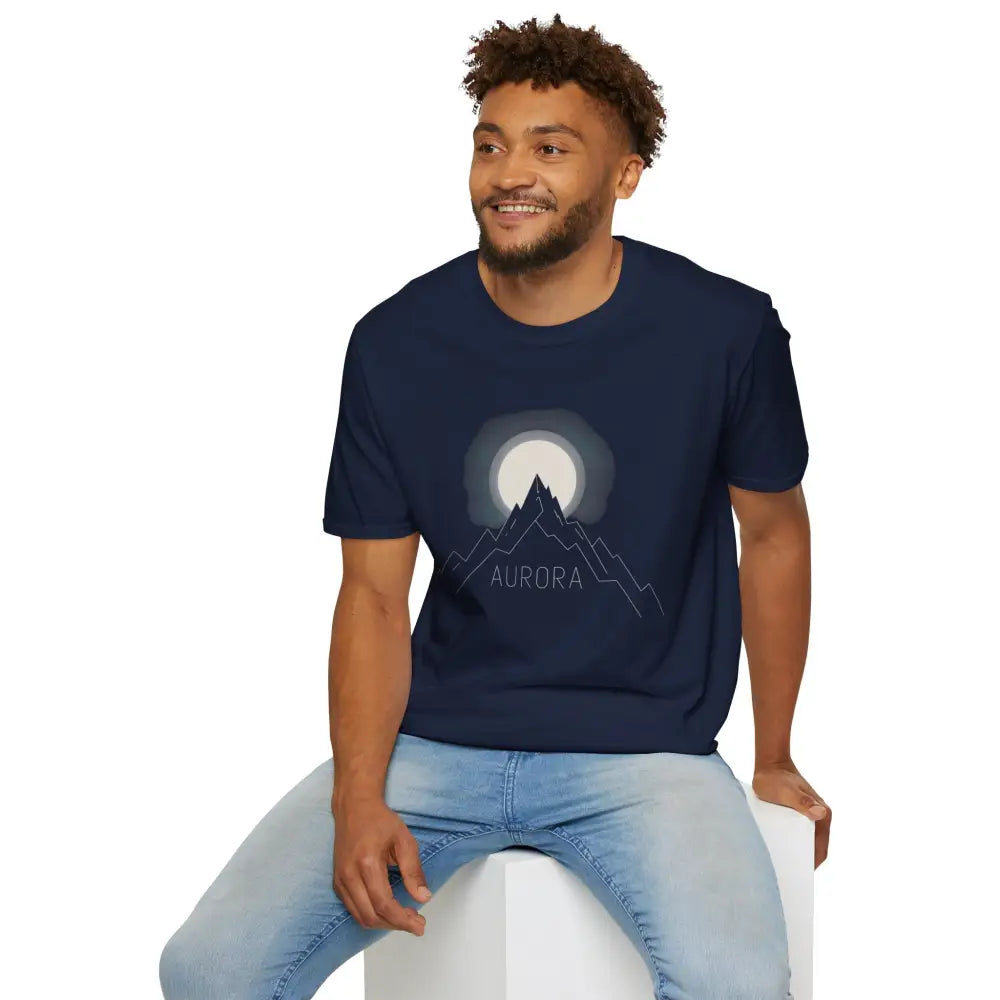 Navy blue Aurora Mountain unisex softstyle T-shirt with mountain and moon graphic, ribbed knit collar, shoulder tape stabilizes, eco-friendly design