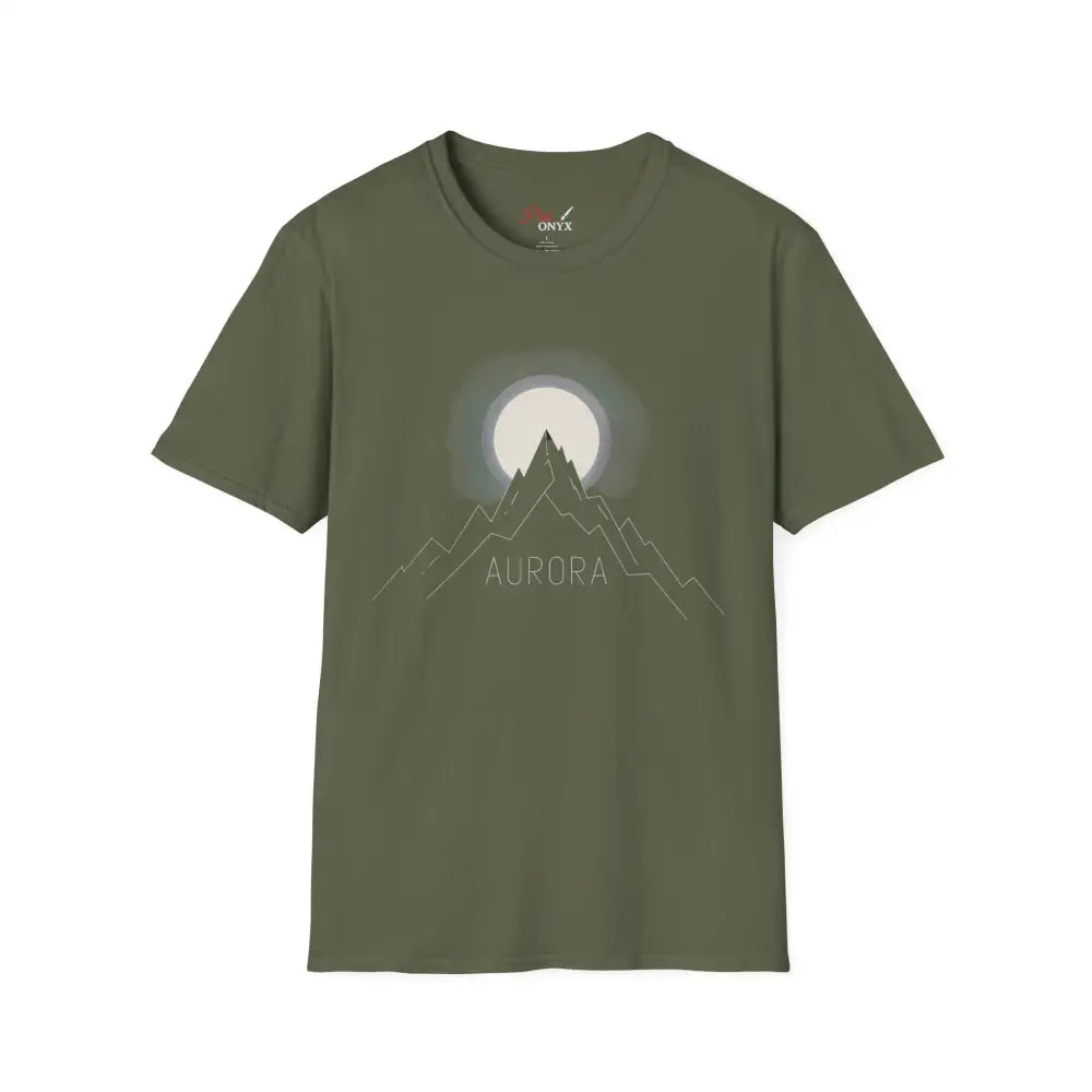 Olive green Aurora Mountain unisex softstyle T-shirt with mountain and moon graphic, ribbed knit collar, shoulder tape stabilizes, reduces fabric waste