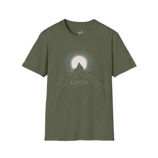Olive green Aurora Mountain unisex softstyle T-shirt with mountain and moon graphic, ribbed knit collar, shoulder tape stabilizes, reduces fabric waste
