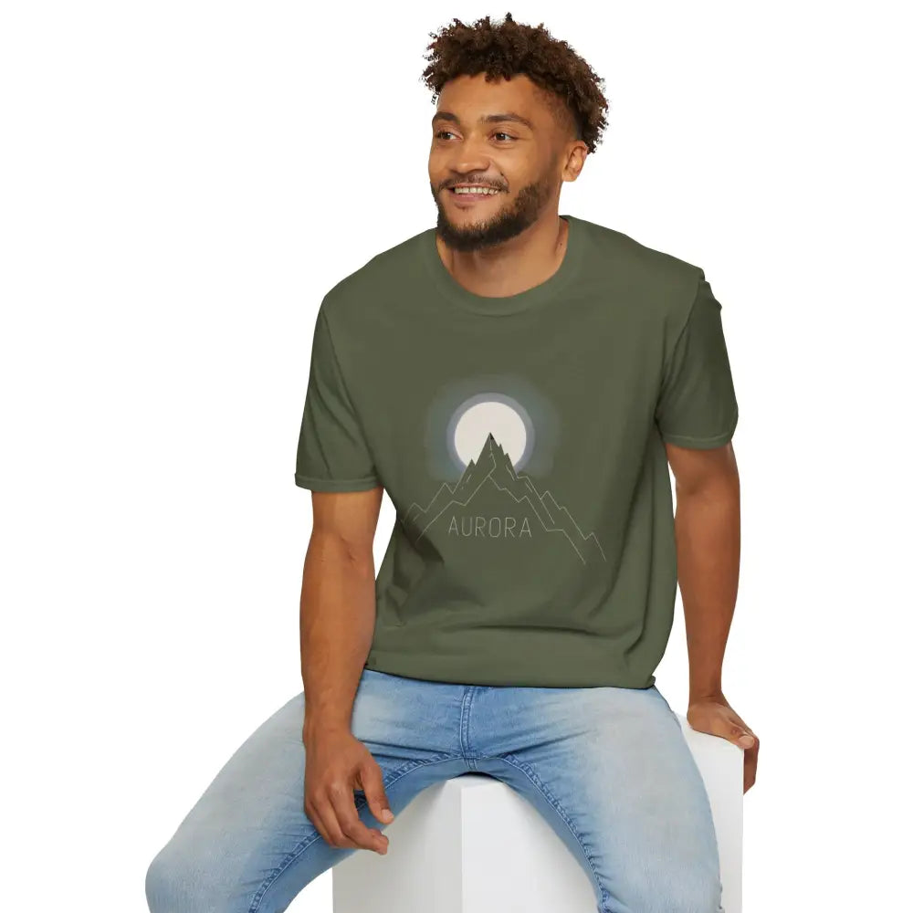 Olive green Aurora Mountain unisex T-shirt with white moon mountain graphic, ribbed knit collar
