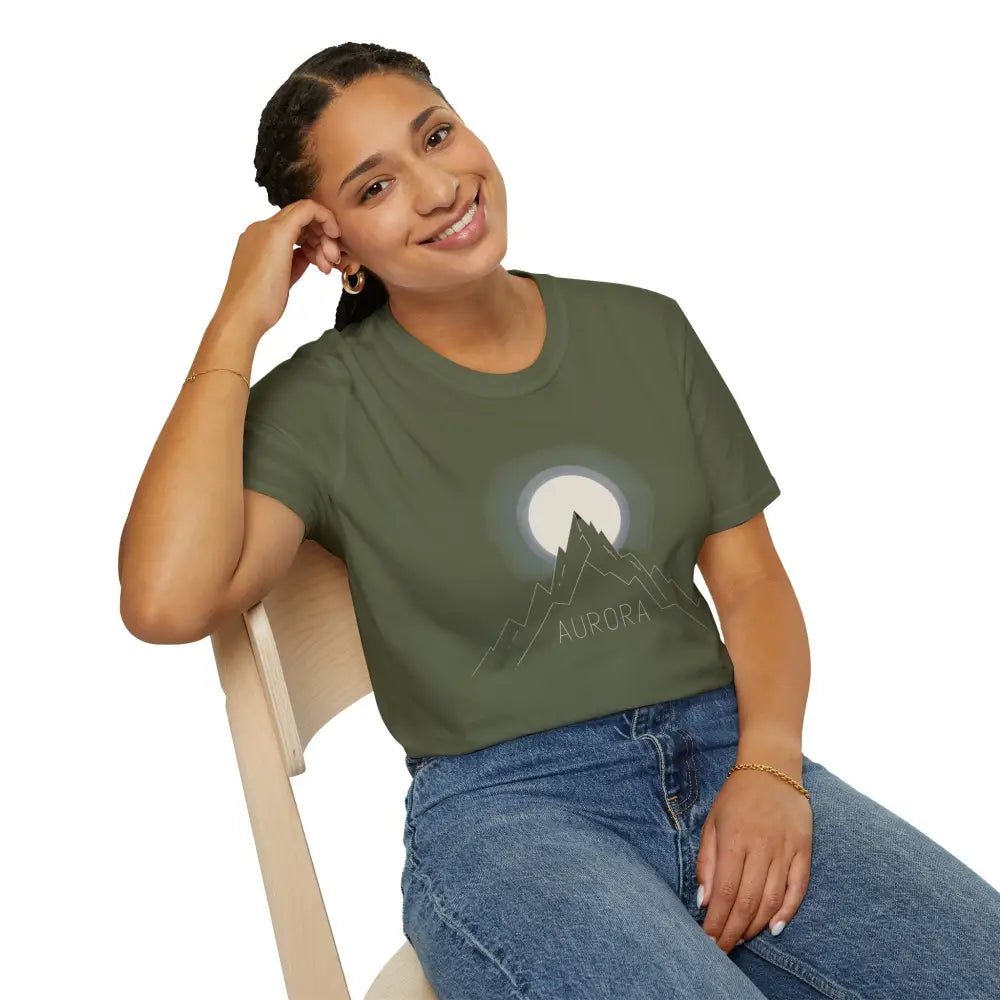 Olive green Aurora Mountain Unisex T-Shirt with mountain and moon graphic, ribbed knit collar