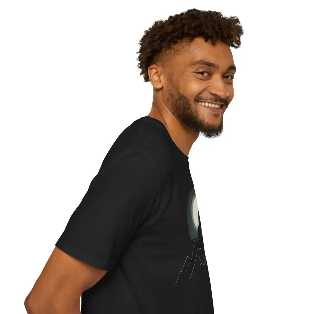 Black Aurora Mountain Unisex T-Shirt with white mountain outline and ribbed knit collar