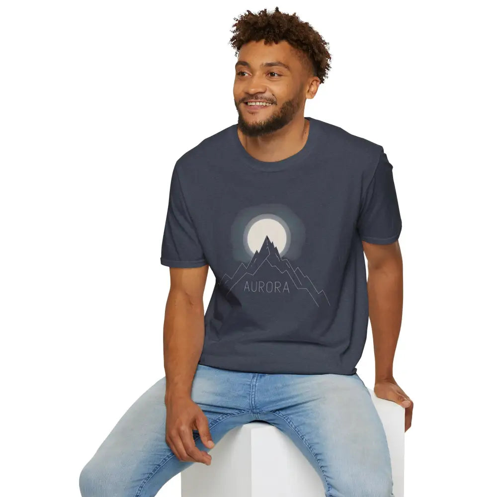 Dark blue Aurora Mountain Unisex T-Shirt with moon over mountains graphic, ribbed knit collar