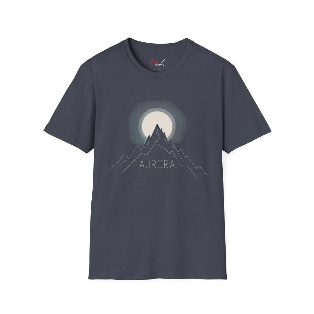 Dark blue Aurora Mountain Unisex T-Shirt with white mountain and moon graphic, ribbed knit collar
