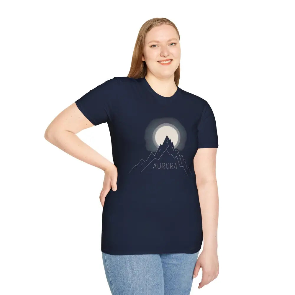 Woman wearing Aurora Mountain Unisex Softstyle T-Shirt with mountain and moon graphic, ribbed knit collar