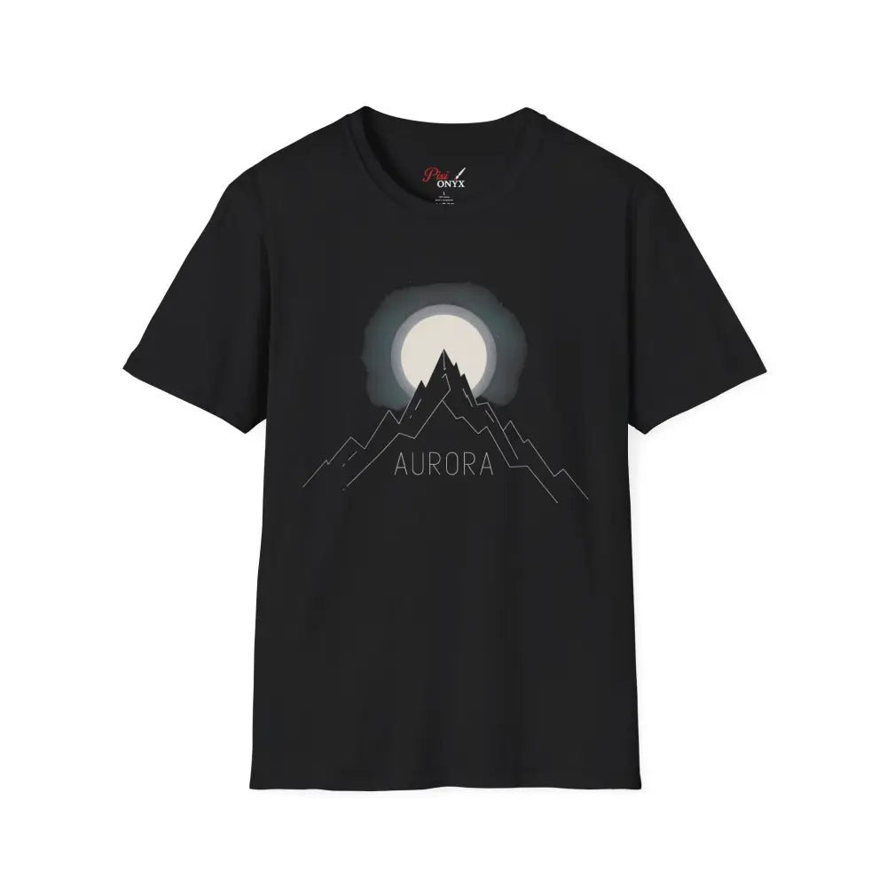 Black short-sleeved T-shirt with moon and mountain graphic, ribbed knit collar, shoulder tape stabilizes, reduces fabric waste