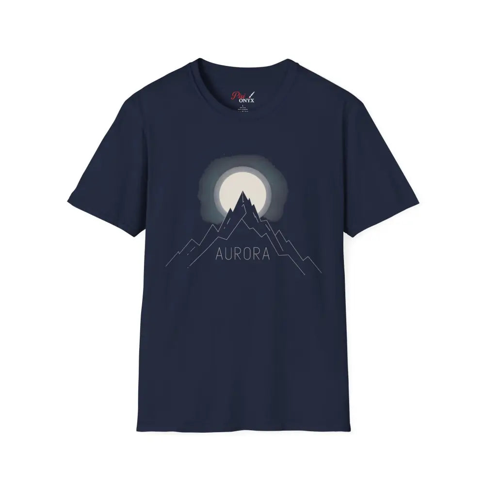 Navy blue Aurora Mountain Unisex Softstyle T-Shirt with mountain and moon graphic, ribbed knit collar