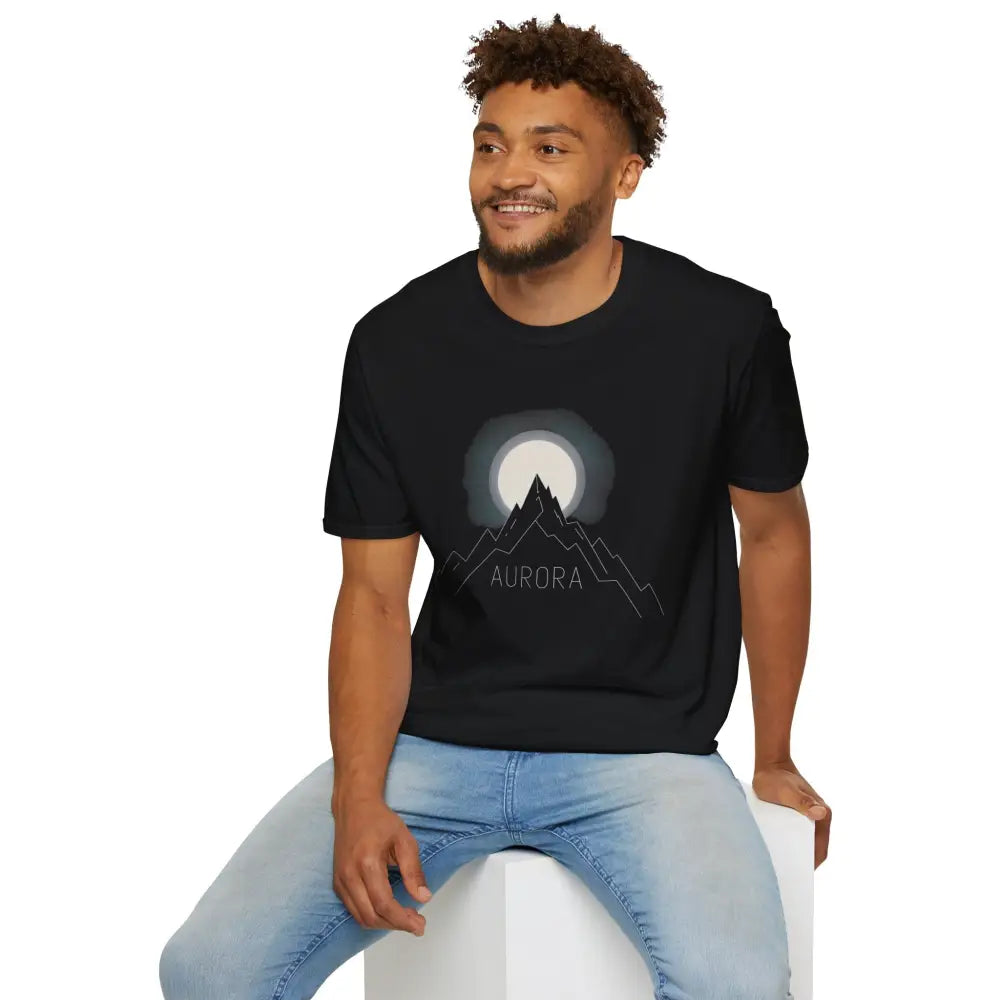 Black Aurora Mountain Unisex T-Shirt with mountain and moon design, ribbed collar, shoulder tape