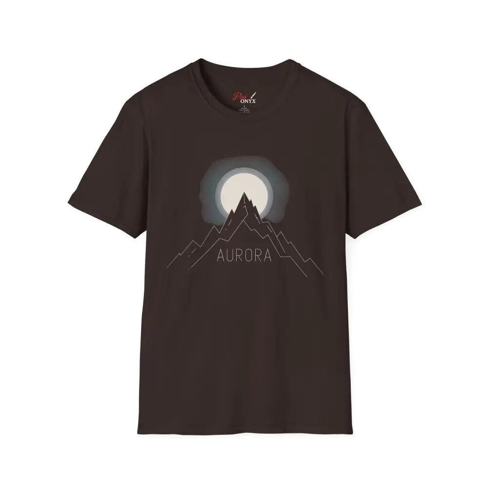 Dark brown Aurora Mountain T-shirt with graphic, ribbed knit collar, shoulder tape, eco-friendly design