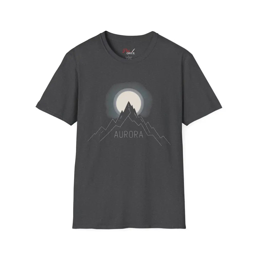 Dark grey Aurora Mountain Unisex Softstyle T-Shirt with mountain and moon graphic, ribbed knit collar, shoulder tape stabilizes, reduces fabric waste
