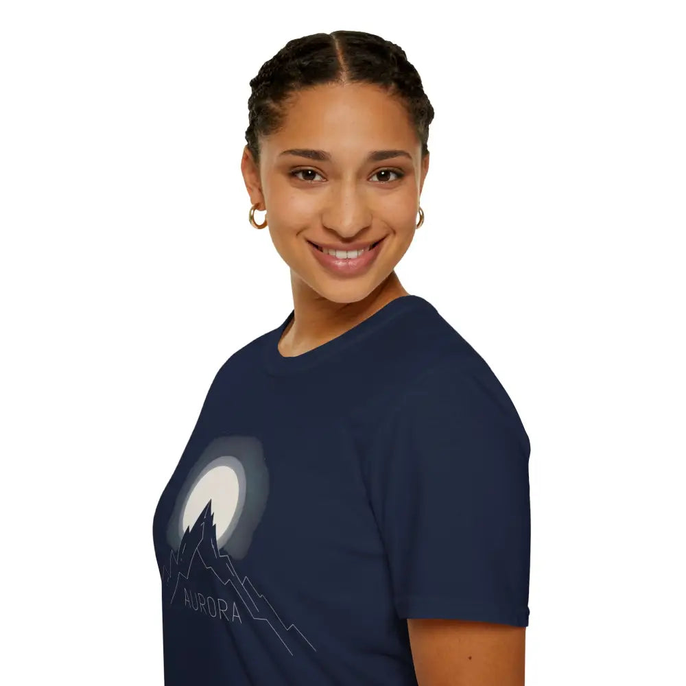 Navy blue Aurora Mountain Unisex T-Shirt with ribbed knit collar and mountain graphic