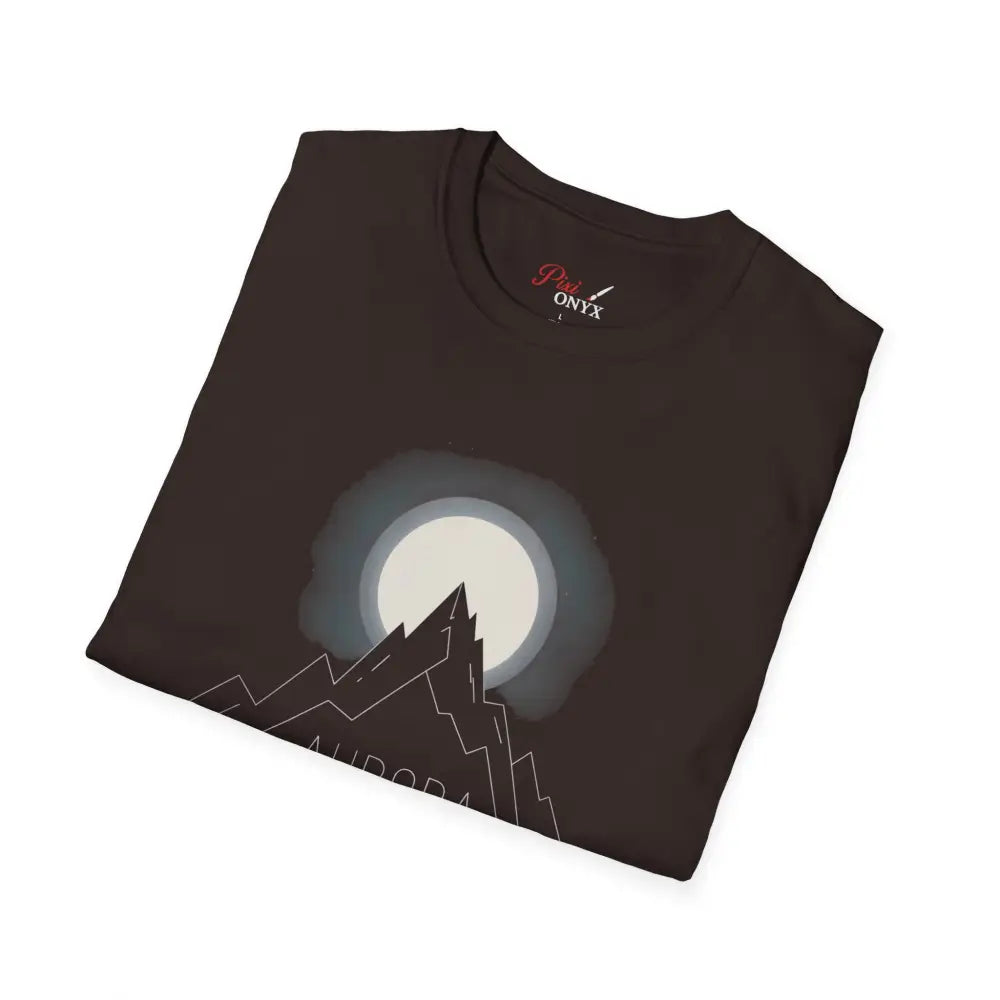 Dark brown Aurora Mountain Unisex T-Shirt with white moon and mountain graphic, ribbed knit collar
