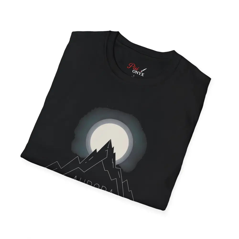 Black crew-neck T-shirt with moon and mountain graphic, ribbed knit collar, shoulder tape stabilizes, reduces fabric waste