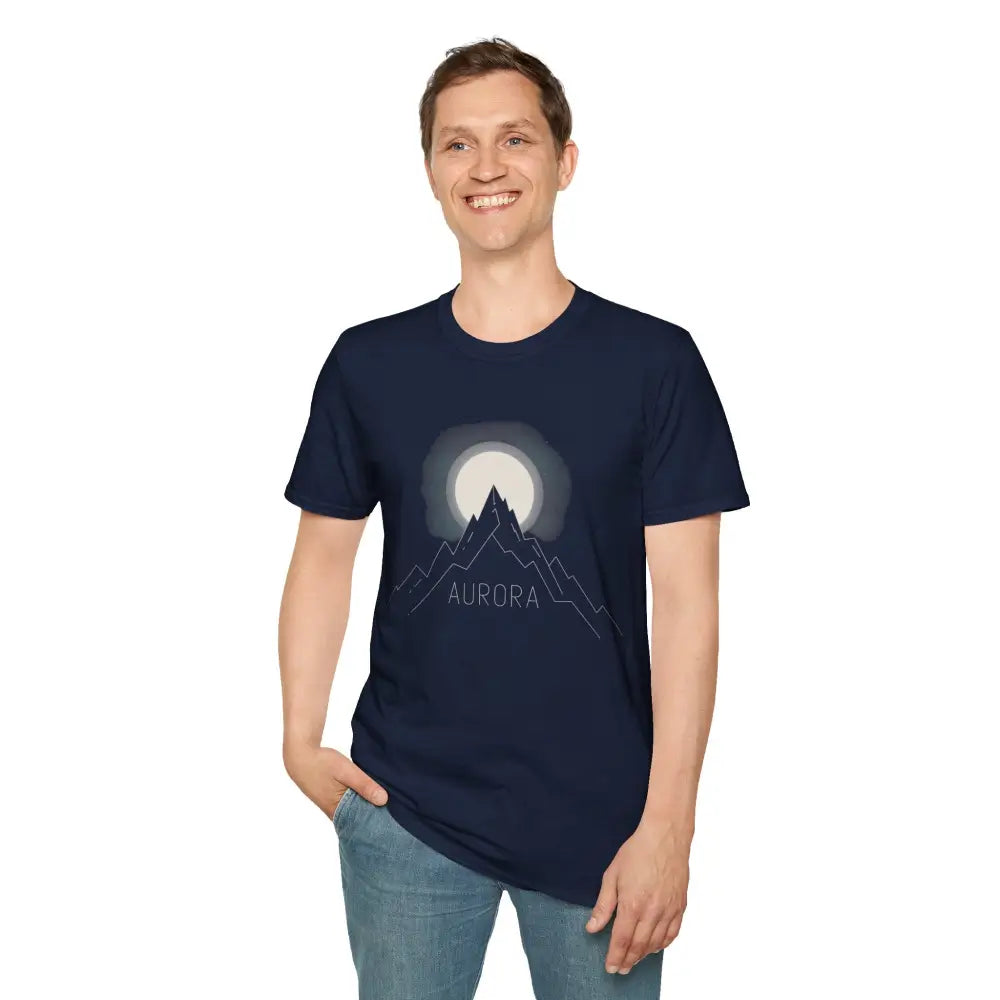 Dark blue Aurora Mountain Unisex T-Shirt with graphic mountains and moon, ribbed knit collar
