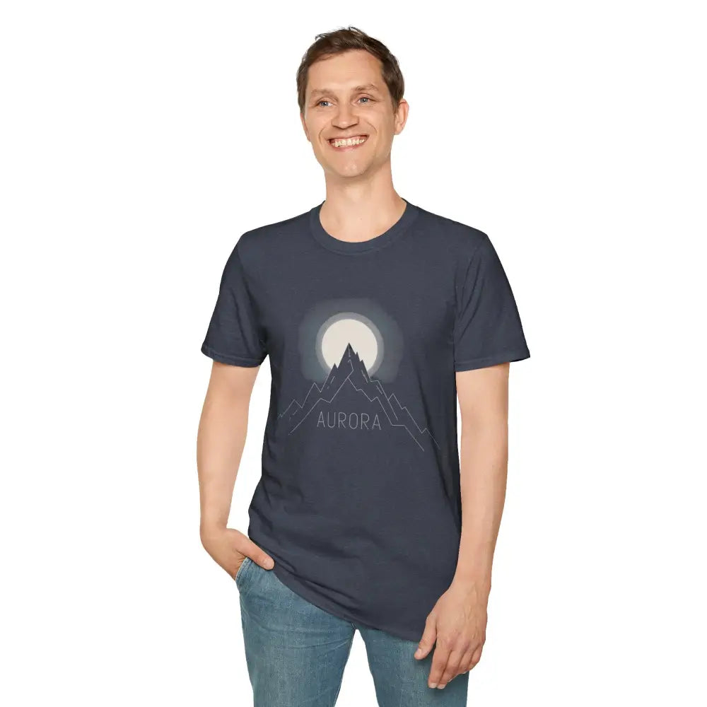 Man wearing Aurora Mountain Unisex Softstyle T-Shirt with mountain and moon design, ribbed knit collar, shoulder tape stabilizes, reduce fabric waste