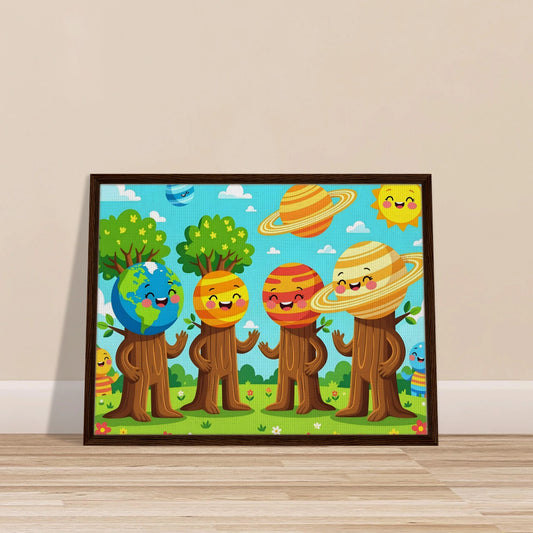 Framed cartoon planet characters from PixiOnyx Stellar Kids Art Canvas Wall Decor