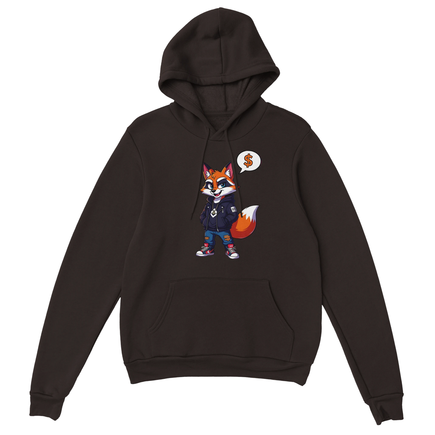 Brown hoodie featuring a cartoon fox design from PixiOnyx Urban Comfort
