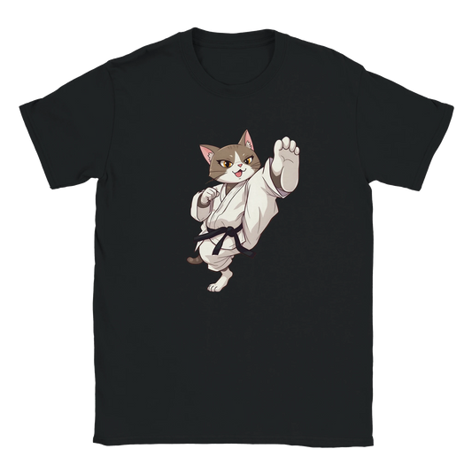 Black T-shirt with Karate Cat graphic from PixiOnyx Cherry Blossom Showdown collection