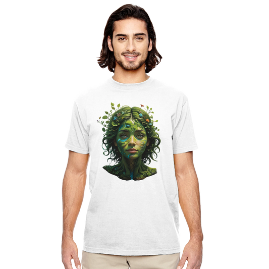 White t-shirt featuring a nature-themed graphic from Organic Unisex Crewneck T-shirt Green Goddess PixiOnyx Nature Wear