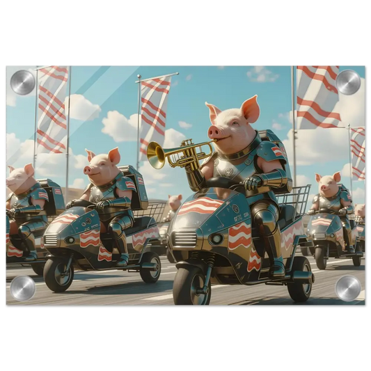 Patriotic pig parade on tricycles displayed on Bacon Battalion Acrylic Print