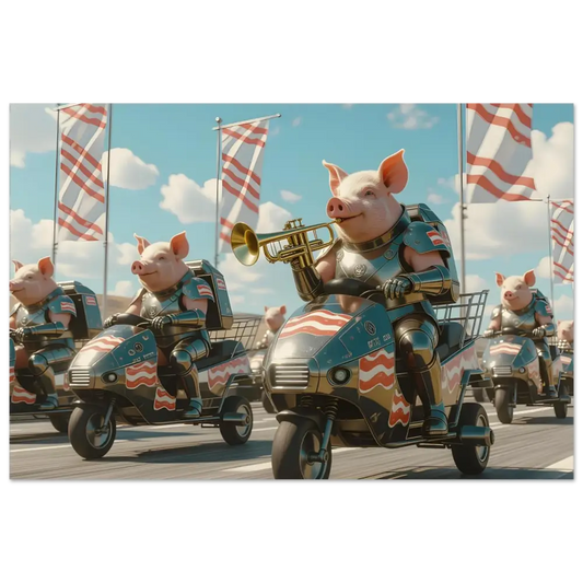 Patriotic pig parade depicted on Bacon Battalion Aluminum Print by PixiOnyx Gloss Parade Panel