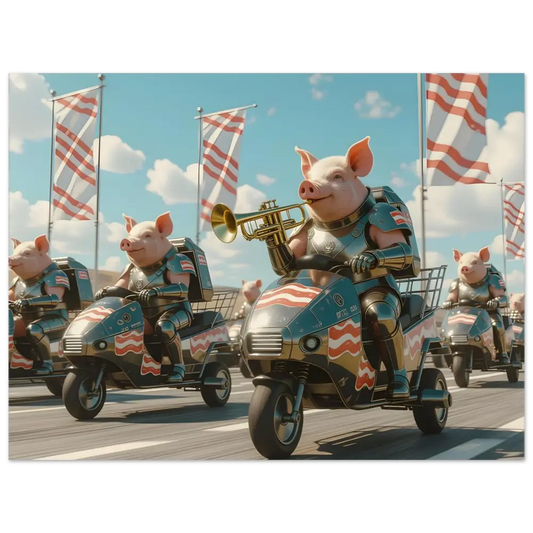 Patriotic pig parade depicted in tactical striped uniforms on Baccon Battalion Poster