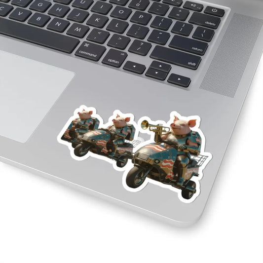 Laptop sticker featuring anthropomorphic pigs riding motorcycles for Bacon Battalion decal