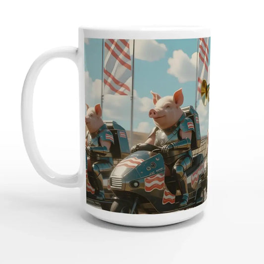 White ceramic Mug with pig racers from the Bacon Battalion XL Mug Meat March Madness collection