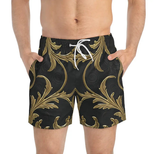 Men’s black and gold patterned swim trunks from Baroque Gold Flourish collection