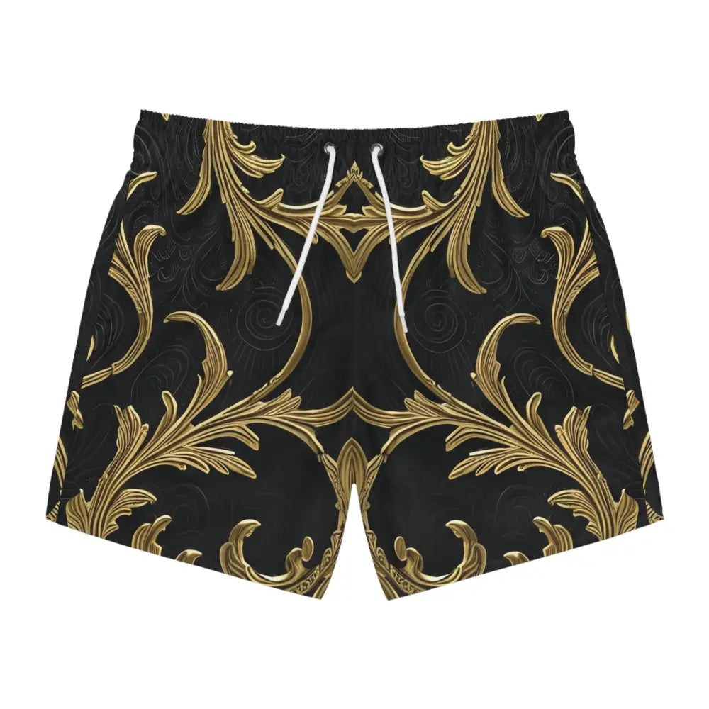 Black and gold patterned Baroque Flourish Swim Trunks for men’s luxury beachwear