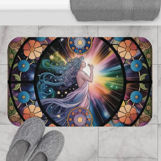 Colorful bath mat with celestial woman design from PixiOnyx Bohemian Spa Decor