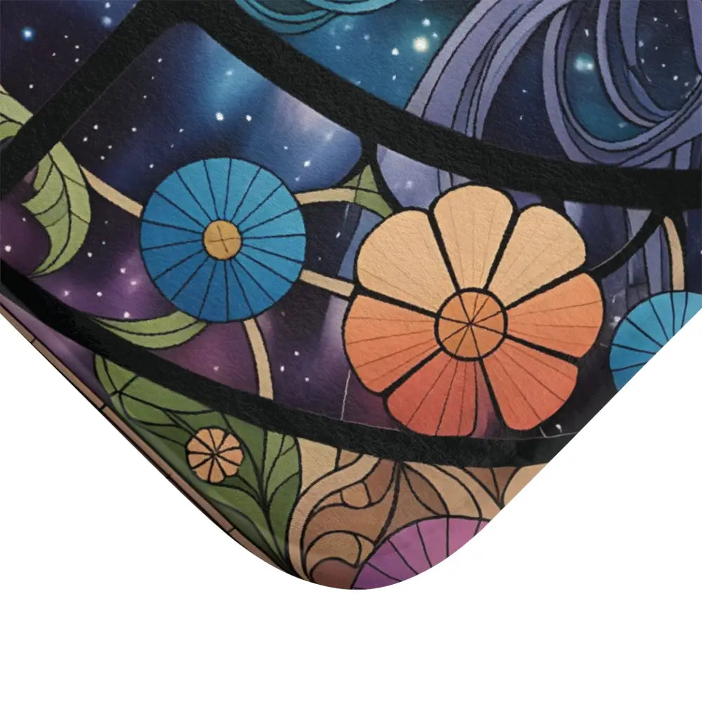 Floral stained-glass-style design on Bath Mat Celestial Bloom by PixiOnyx Bohemian Spa Decor