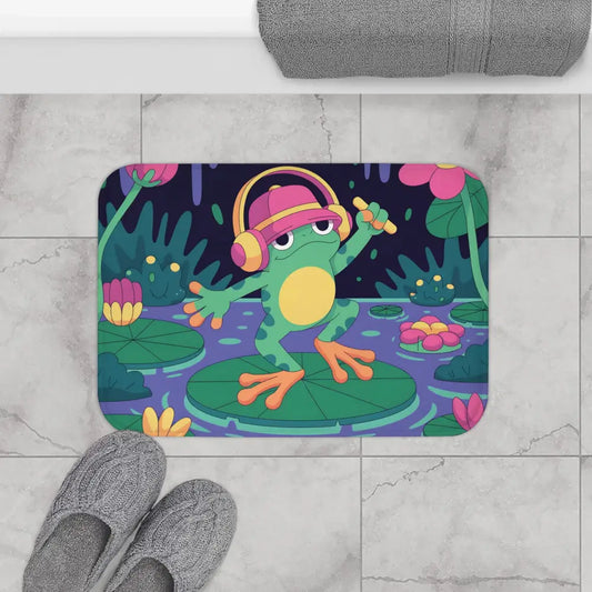 Frog-themed bath mat from PixiOnyx Amphibian Vibe Decor with funky frog design