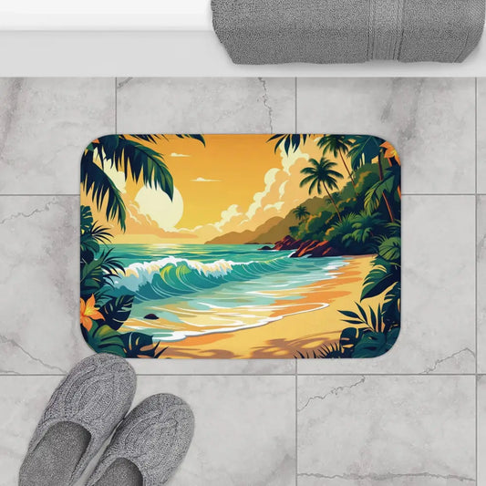 Tropical beach scene bath mat with vibrant ocean and sunset design for coastal home decor