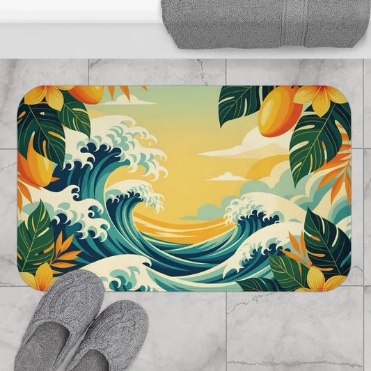 Tropical Wave Bath Mat from PixiOnyx Coastal Bloom Underfoot featuring vibrant ocean-inspired design