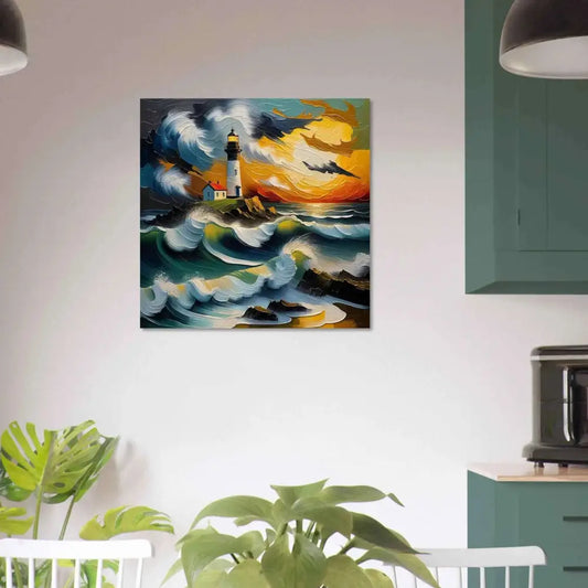 Vibrant impasto-style fine art poster of a powerful lighthouse rises on rocky coast at sunset