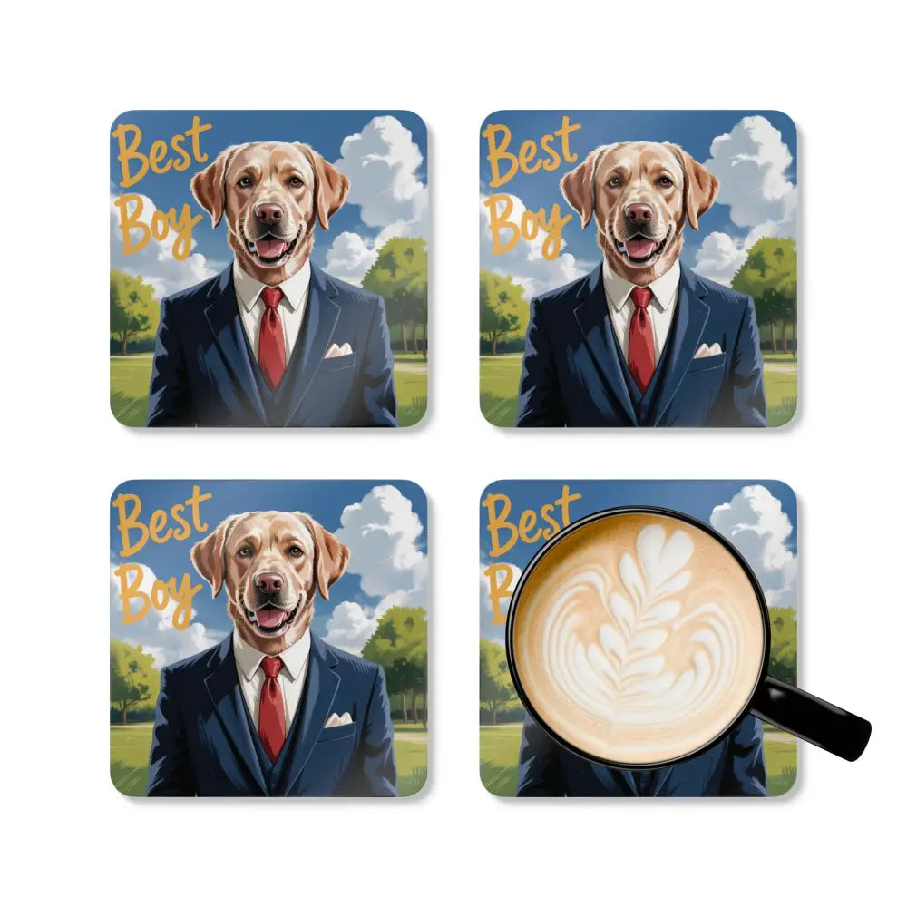 Four dog-themed coasters featuring Labrador in a suit with latte and magnifying glass, clean with dry microfiber cloth