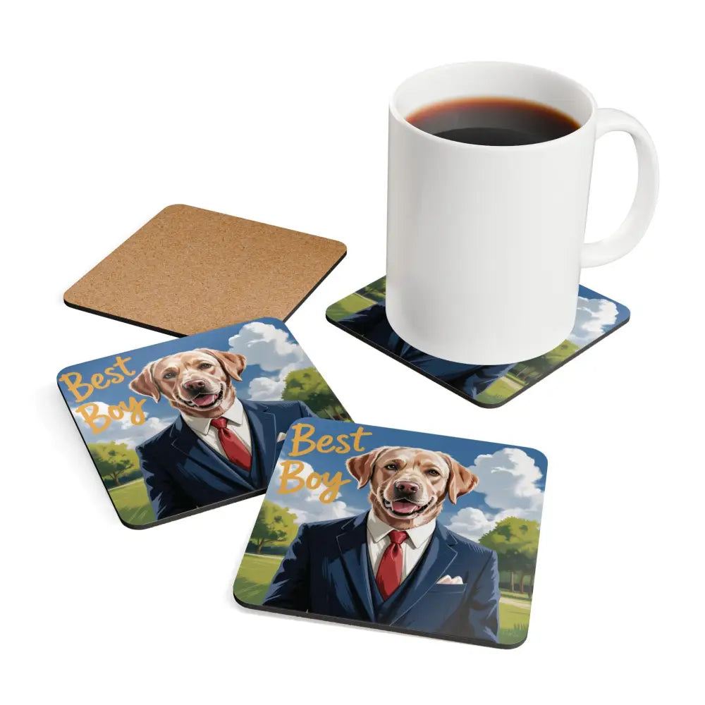 Dog themed coaster set with a dog in a suit holding a coffee mug, gently wipe with dry microfiber cloth