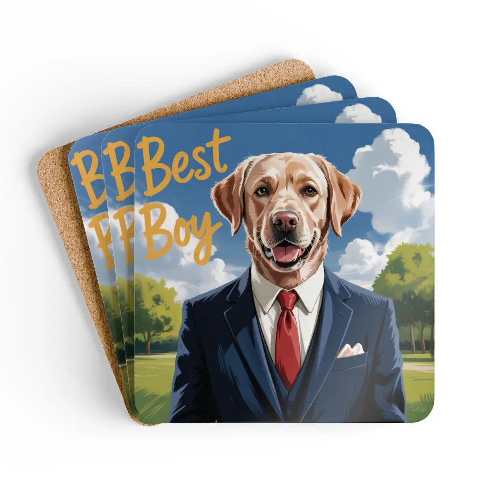 Square coaster set with yellow Labrador in a suit, ideal for dog lovers and home decor