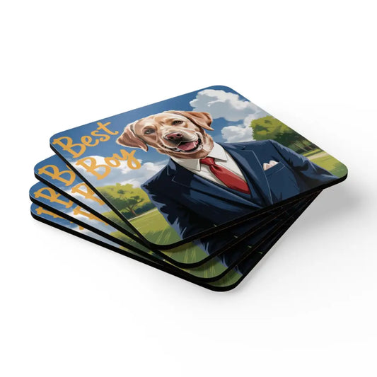 Stack of four dog-themed coasters featuring a smiling dog in a suit, perfect for home decor