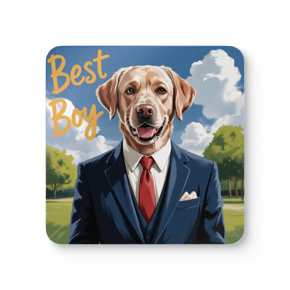Square coaster with smiling Yellow Labrador in dark blue suit, part of Best Boy Dog Coaster Set