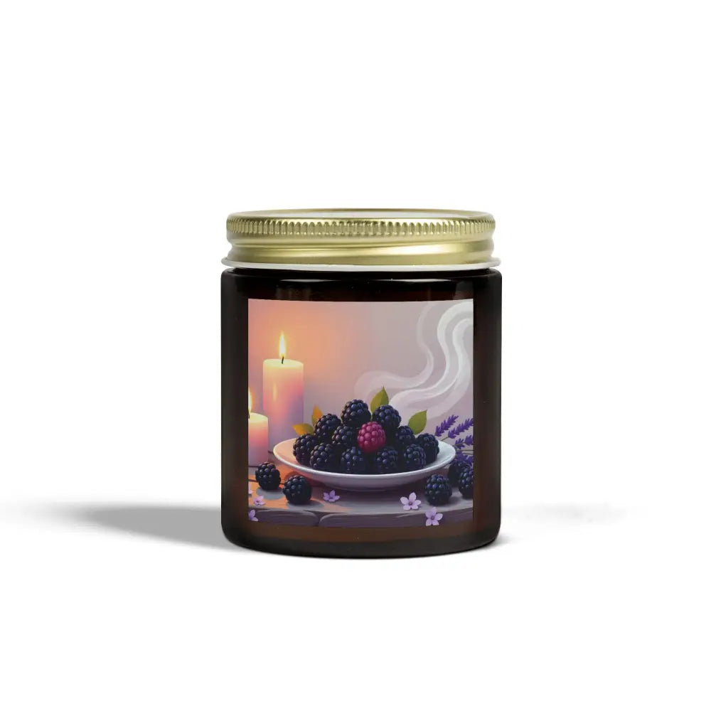 Blackberry Vanilla Scented Candle jar with Blackberry label from PixiOnyx Aromatic Moodware