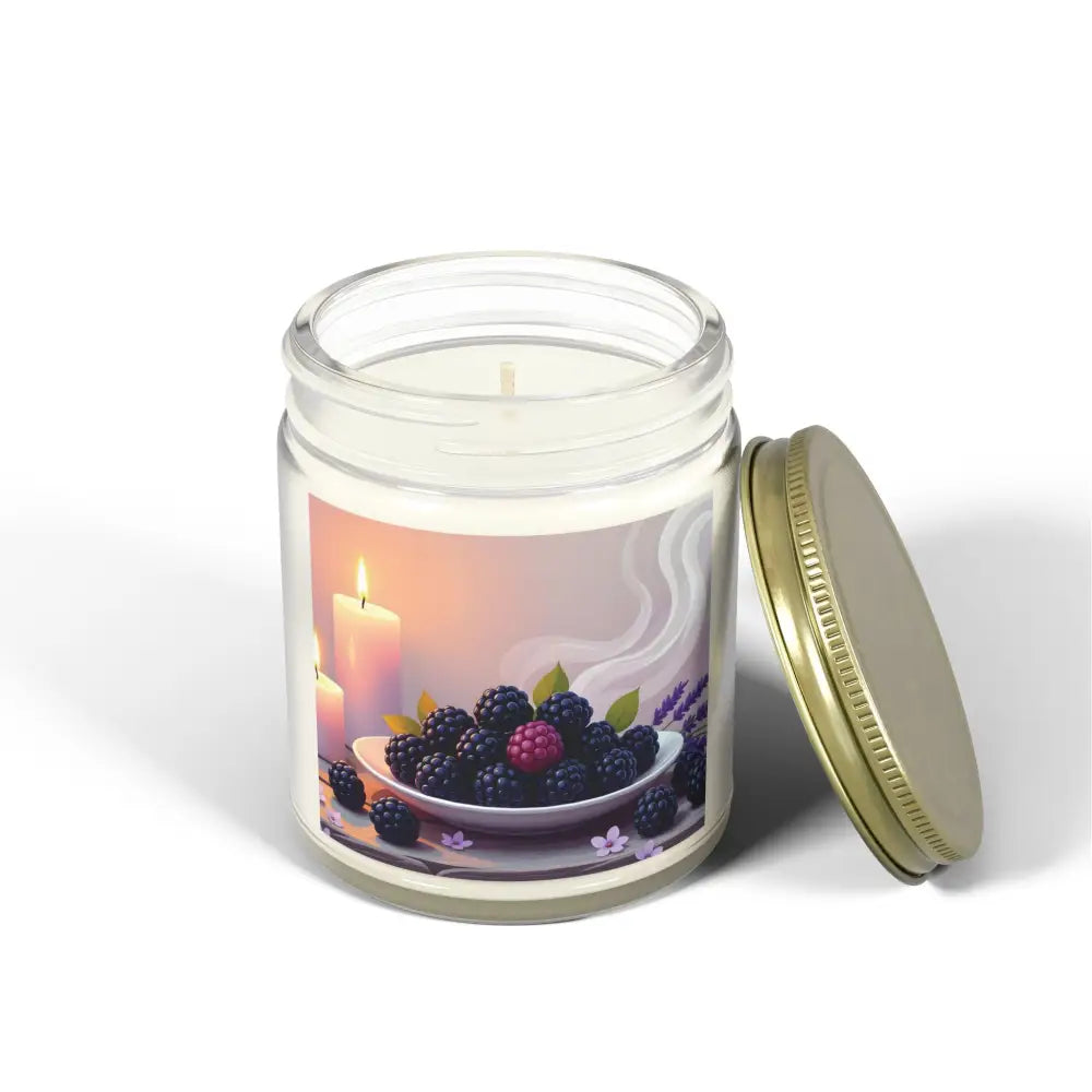 Blackberry Vanilla Scented Candle in glass jar with decorative label from PixiOnyx Aromatic Moodware