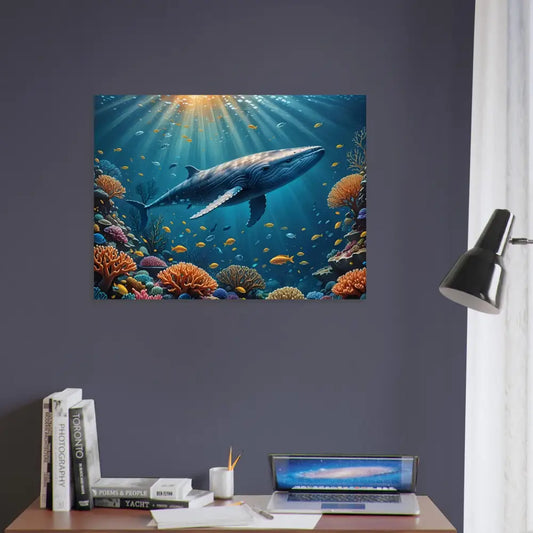 Blue Whale swimming in vibrant coral reef on Blue Whale Explorer Poster from PixiOnyx