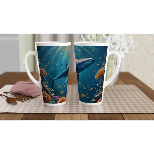 Whale-themed tall ceramic latte mug named Blue Whale Beneath the Calm 17oz by PixiOnyx