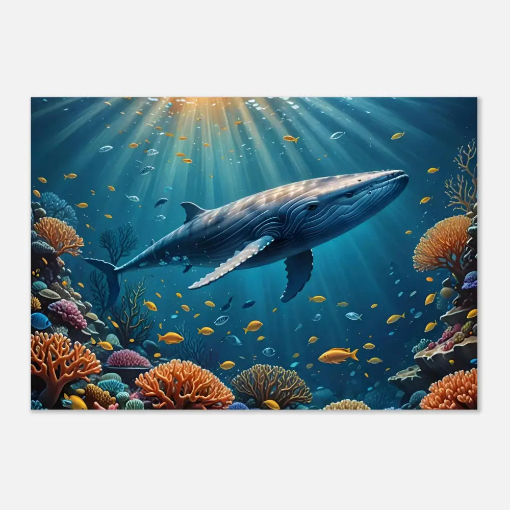 Underwater whale scene displayed on Blue Whale Metal Print Submarine Glow PixiOnyx gloss wall display