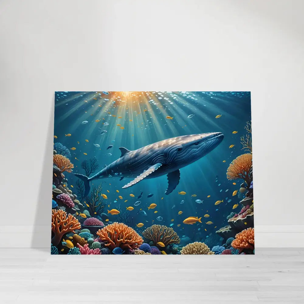 Underwater whale art displayed on a Blue Whale Metal Print with Submarine Glow effect
