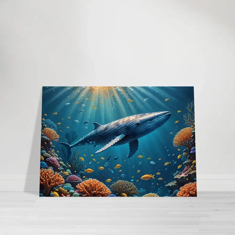 Underwater whale art print on Blue Whale Metal Print – Submarine Glow displayed on wall
